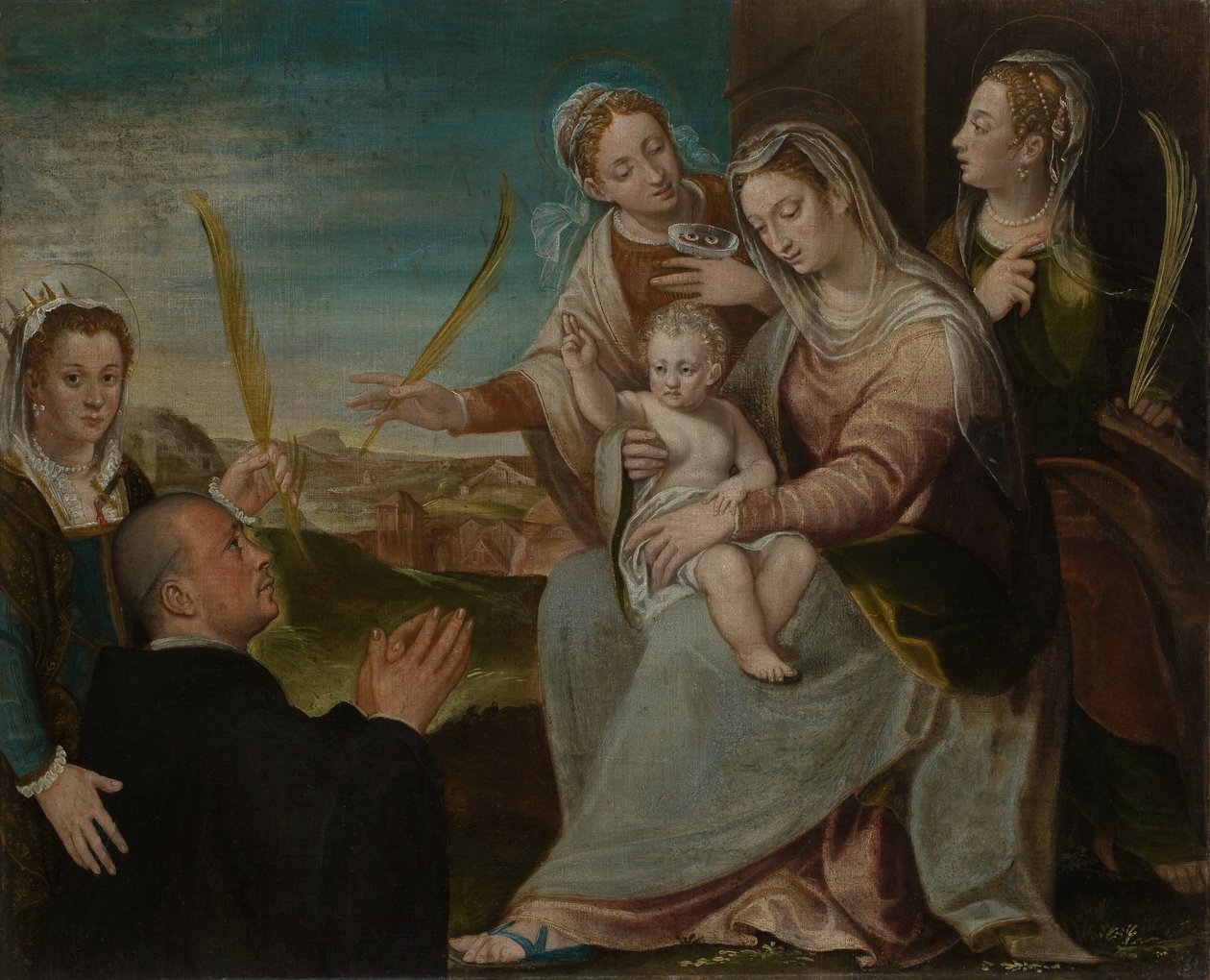 Bakire ve çocuk Sants Catherine, Lucy, Padovalı Justina ve Benedictine keşişi ile by Dario Varotari the Elder