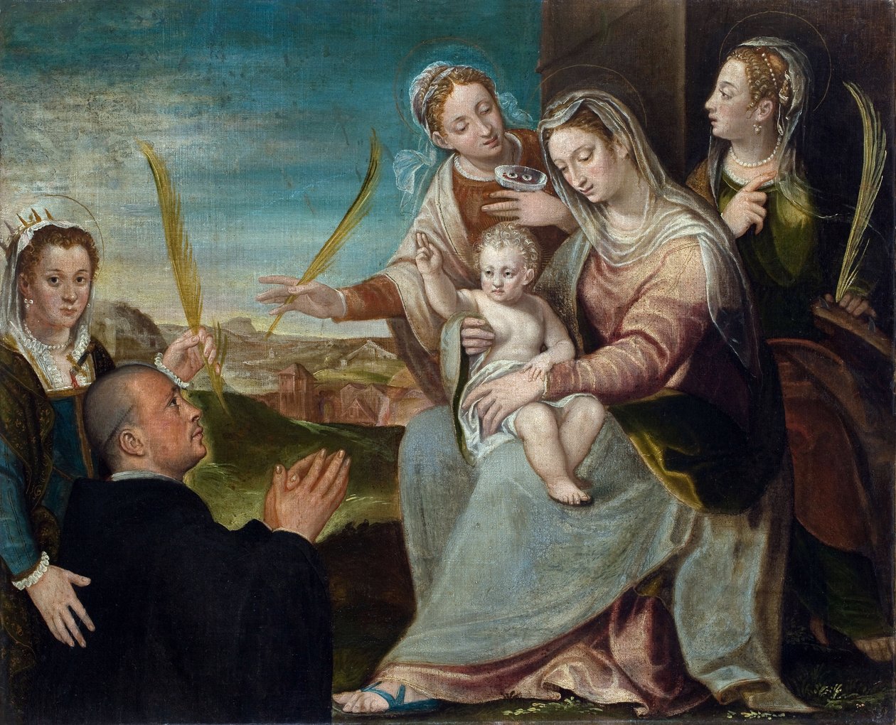Aziz Catherine, Aziz Lucia, Padovalı Aziz Justine ve Benediktin keşişi ile Bakire ve Çocuk - Tablo Dario Varotari, the yaşlı (1539-1596), tuval üzerine yağlıboya by Dario the Elder Varotari