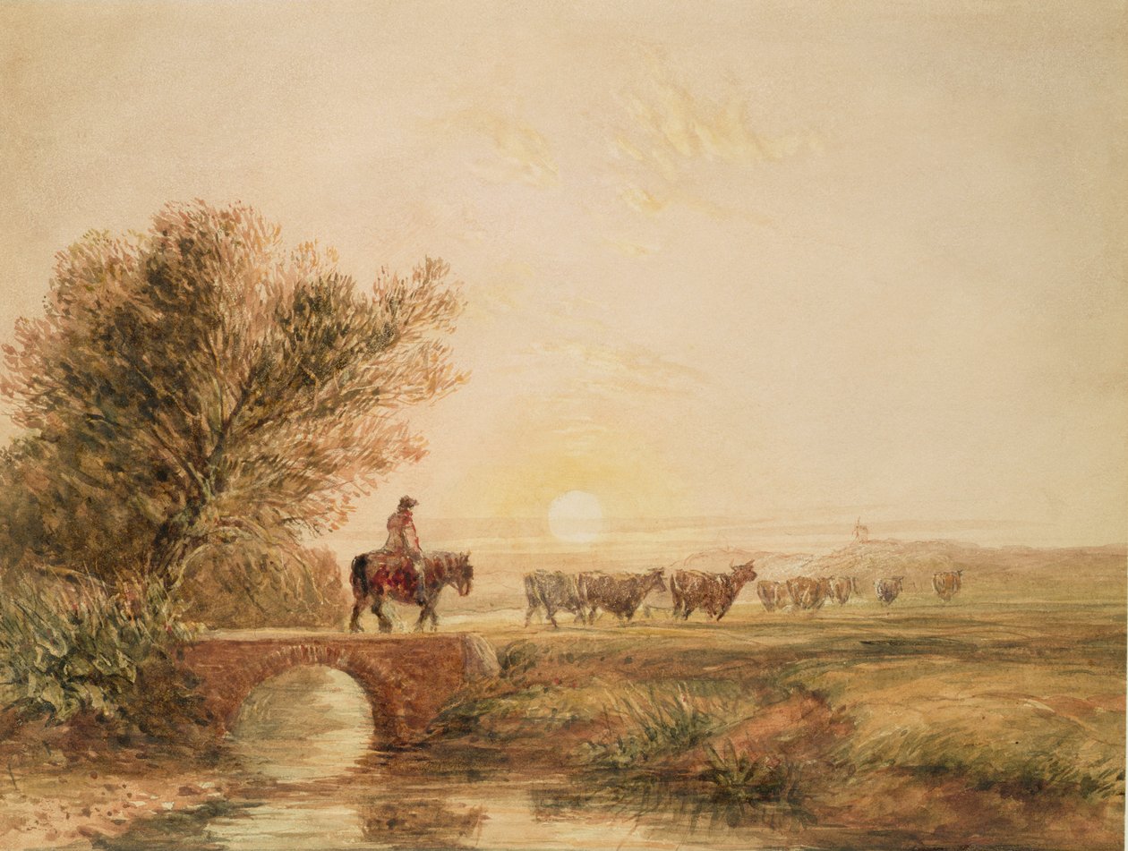Gün Batımında Köprüden Geçen Sığırlı Atlı Bir Sürüngen (kağıt üzerinde kalem ve wc) by David Cox