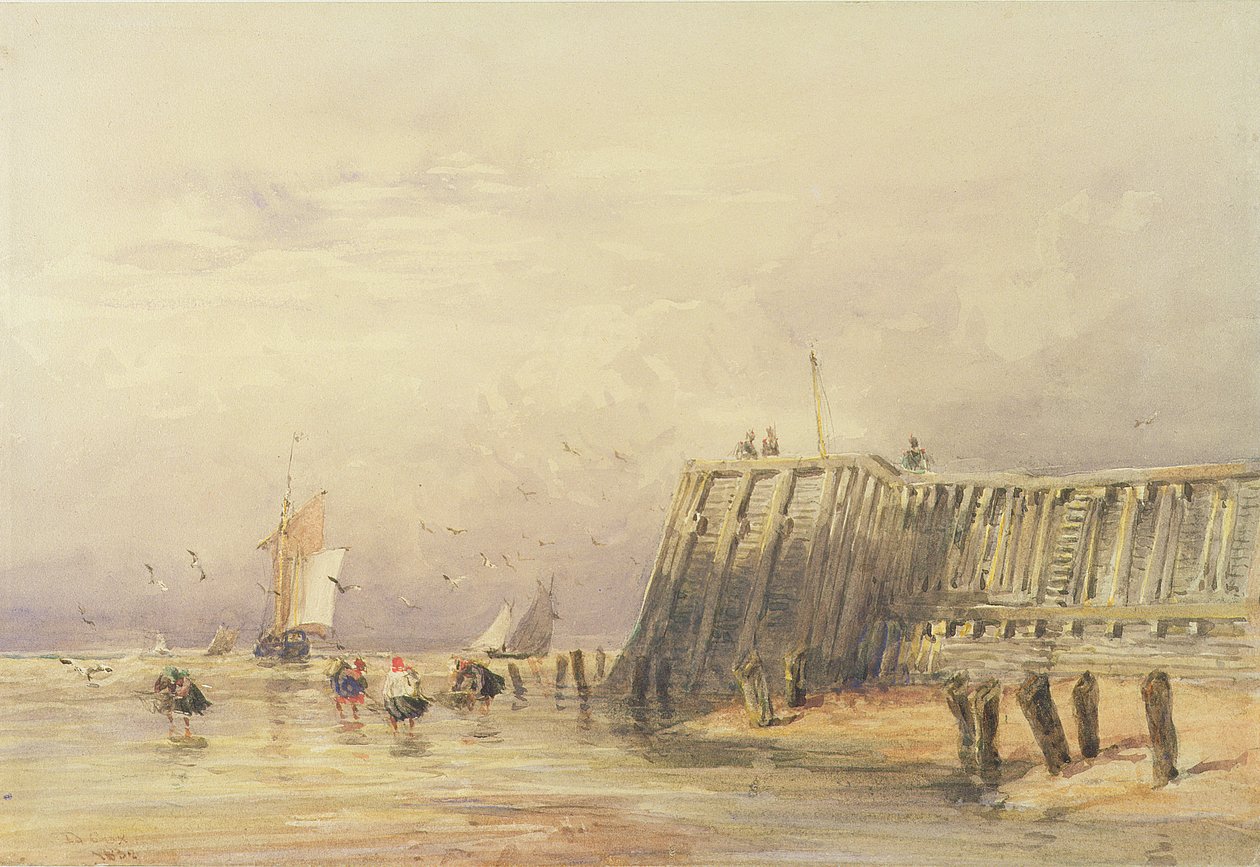 Yelkenli Mavnalar ve Denizde Yürüyen Figürlerle Deniz Manzarası, 1832 by David Cox
