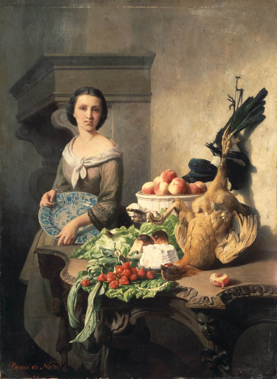 Yemekle kaplı bir yan masanın yanında duran hizmet eden kız, 1859 by David Emil Joseph de Noter