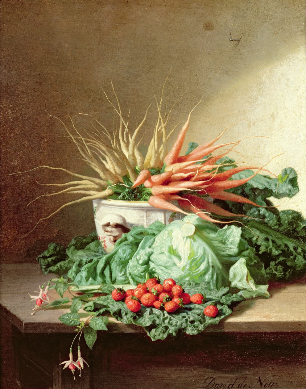 Still Life of Strawberries, Carrots and Cabbage by David Emil Joseph de Noter