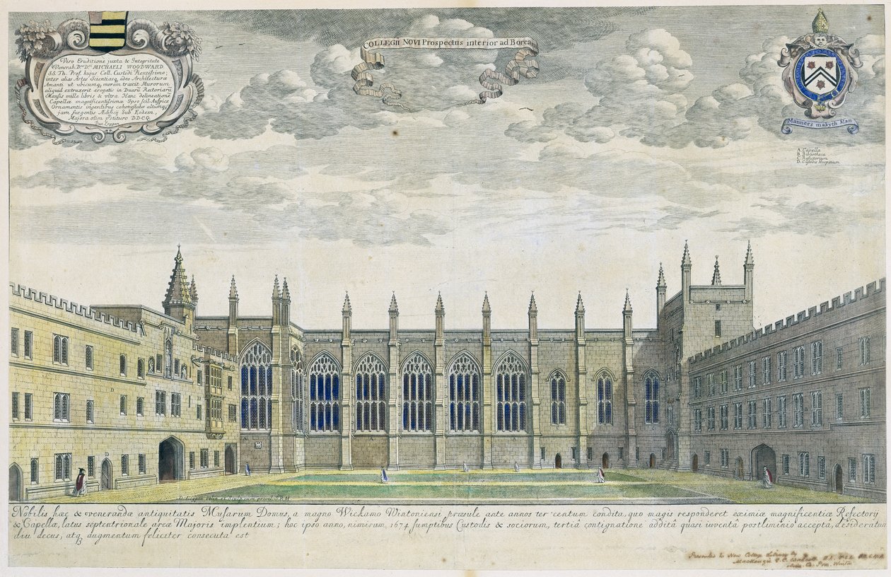 Collegium Novum: New College Front Quad'ın güneyden yükseltilmiş görünümü, 1675 (daha sonra elle boyanmış gravür) by David Loggan