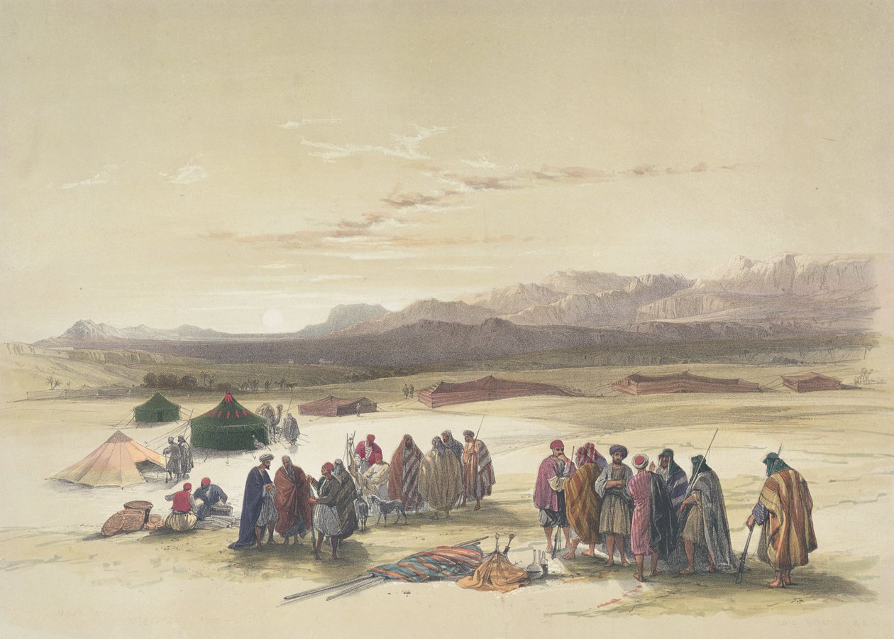 Encampment of the Alloeen in Wady Araba (hand-coloured litho) by David Roberts