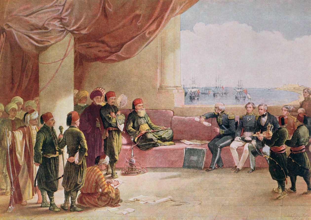 ಮೇ 12, 1839, 1849 ಟರ್ಕ್‌ನಲ್ಲಿ ಅಲೆಕ್ಸಾಂಡ್ರಿಯಾದಲ್ಲಿನ ತನ್ನ ಅರಮನೆಯಲ್ಲಿ ಗ್ರೇಟ್ ಬ್ರಿಟನ್‌ನಿಂದ ರಾಯಭಾರಿಗಳನ್ನು ಸ್ವೀಕರಿಸುತ್ತಿರುವ ಮೊಹಮ್ಮದ್ ಅಲಿ by David Roberts