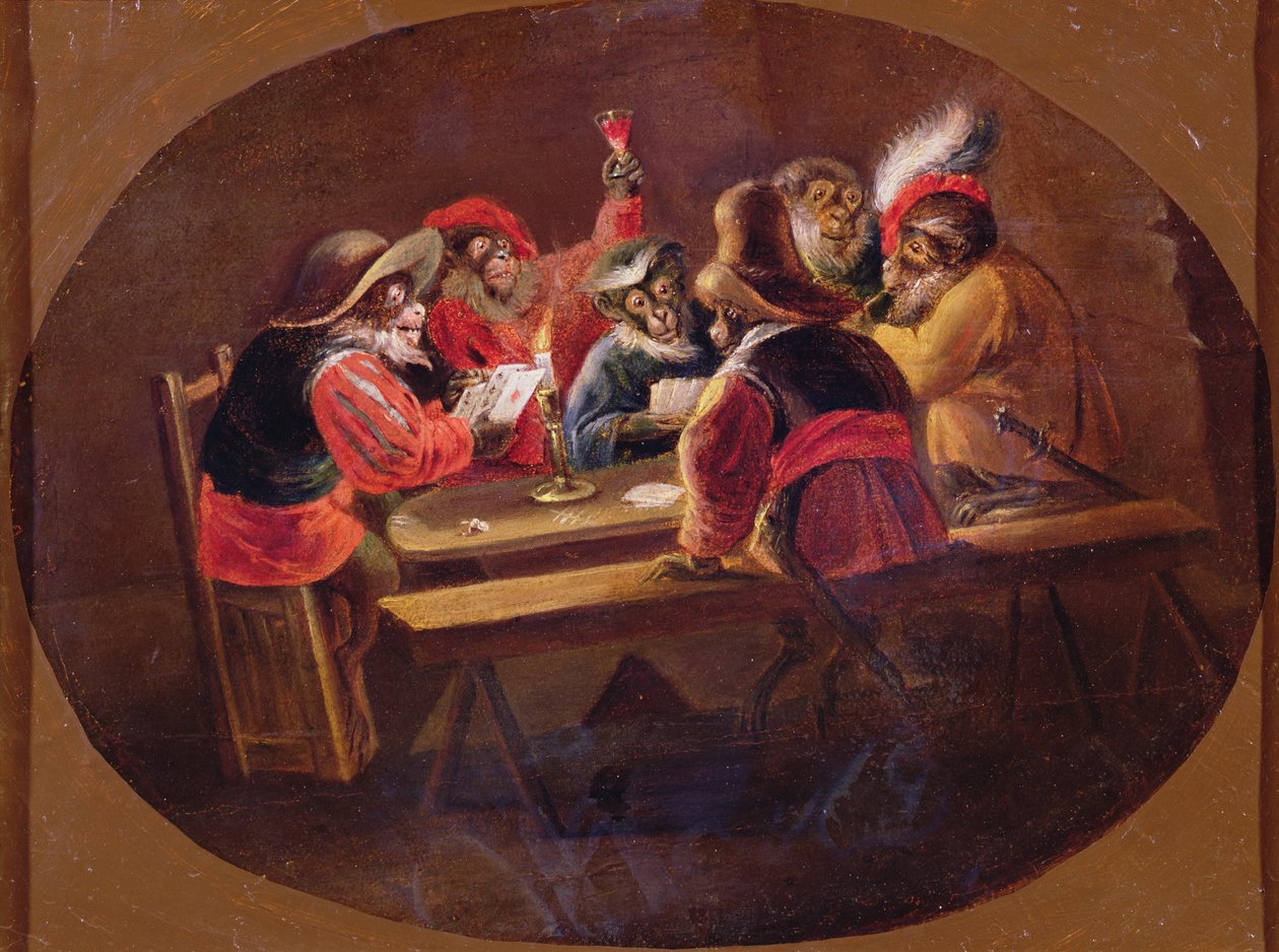 Askerler gibi giyinmiş maymunlar kağıt oynuyor ve alem yapıyor. by David Teniers the Younger