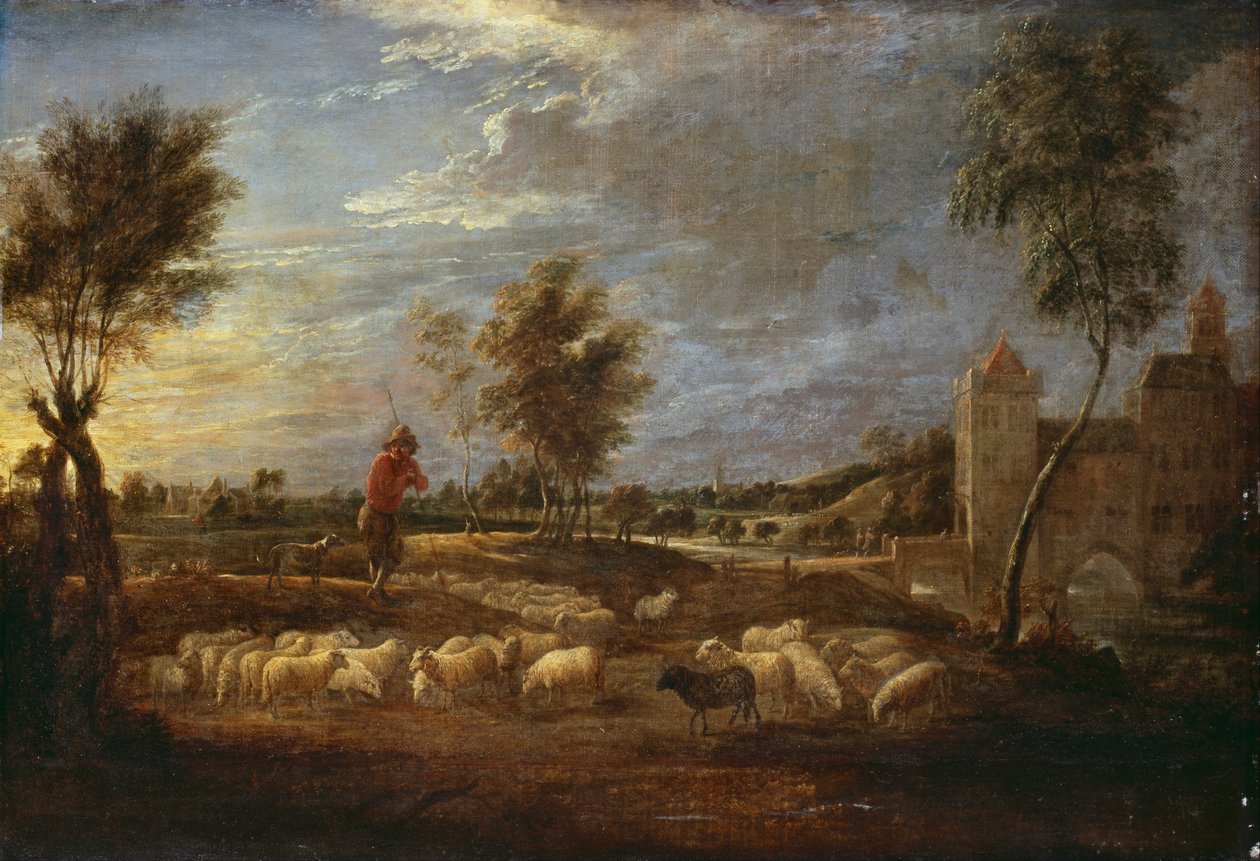Bir Çoban ve Sürüsü ile Günbatımı Manzarası by David Teniers the Younger