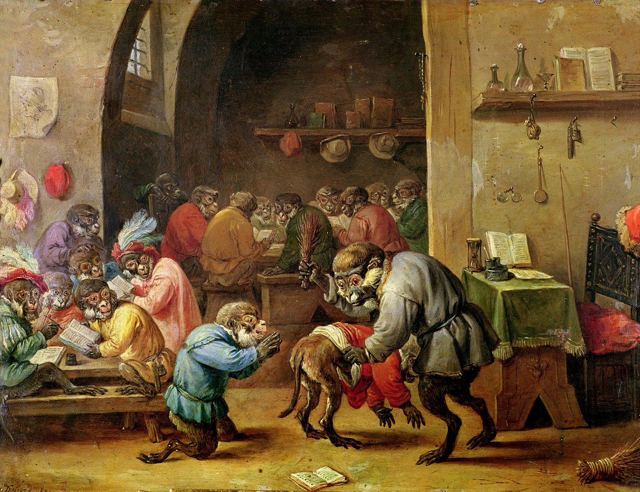 Okuldaki Maymunlar (bakır üzerine yağ) by David Teniers the Younger