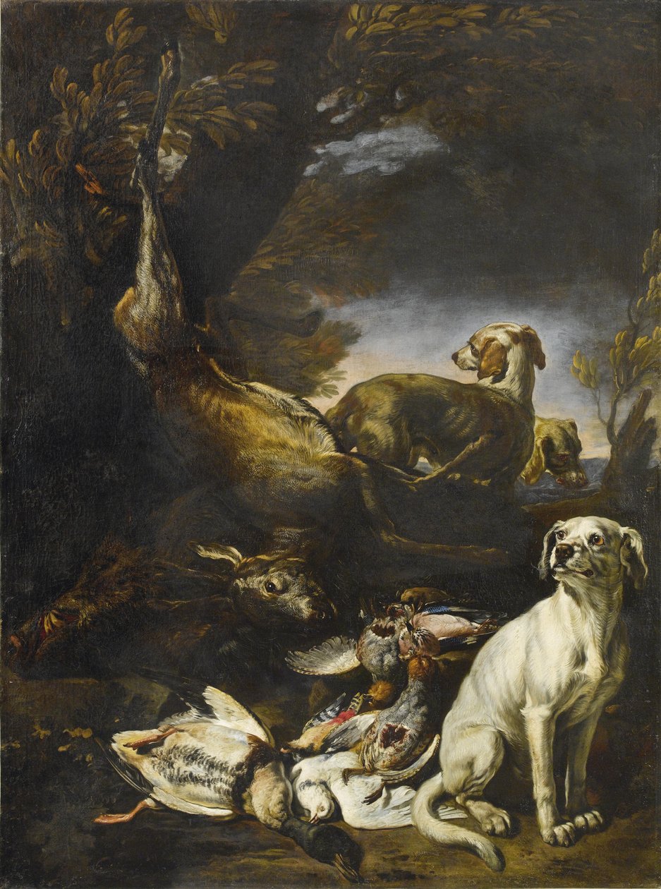 Bir orman manzarasında köpekler tarafından korunan öldürülen oyun by David de Coninck