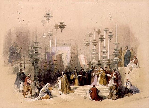 Unction Taşı, Kutsal Kabir Kilisesi, 30 Mart 1839, Louis Haghe (1806-85) pub tarafından oyulmuş 