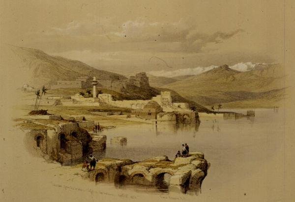 Surlardan Tiberias, Uzakta Saffet, 22 Nisan 1839, Louis Haghe (1806-85) pub tarafından oyulmuş 