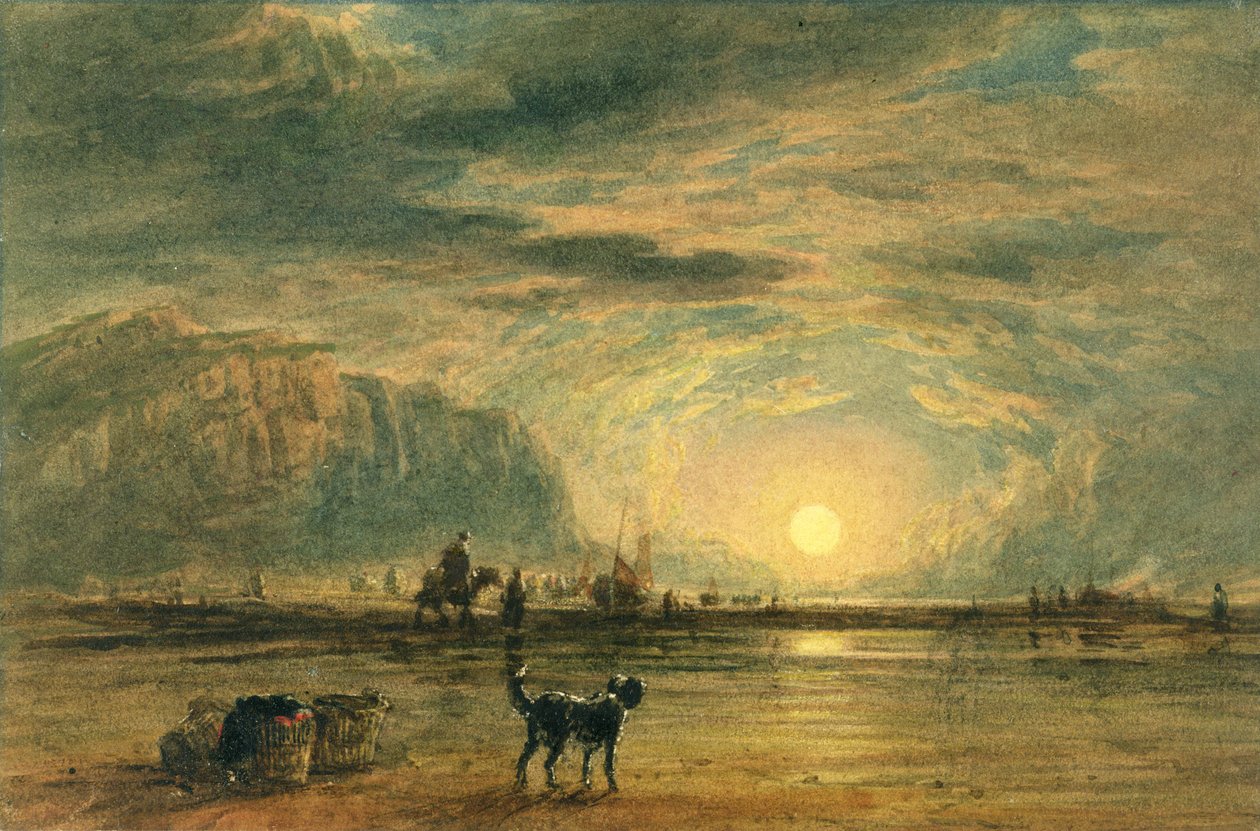 Sahil Manzarası - Gündoğumu, c.1820 (kağıt üzerinde grafit üzerine suluboya ve kalem) by David (attr. to) Cox