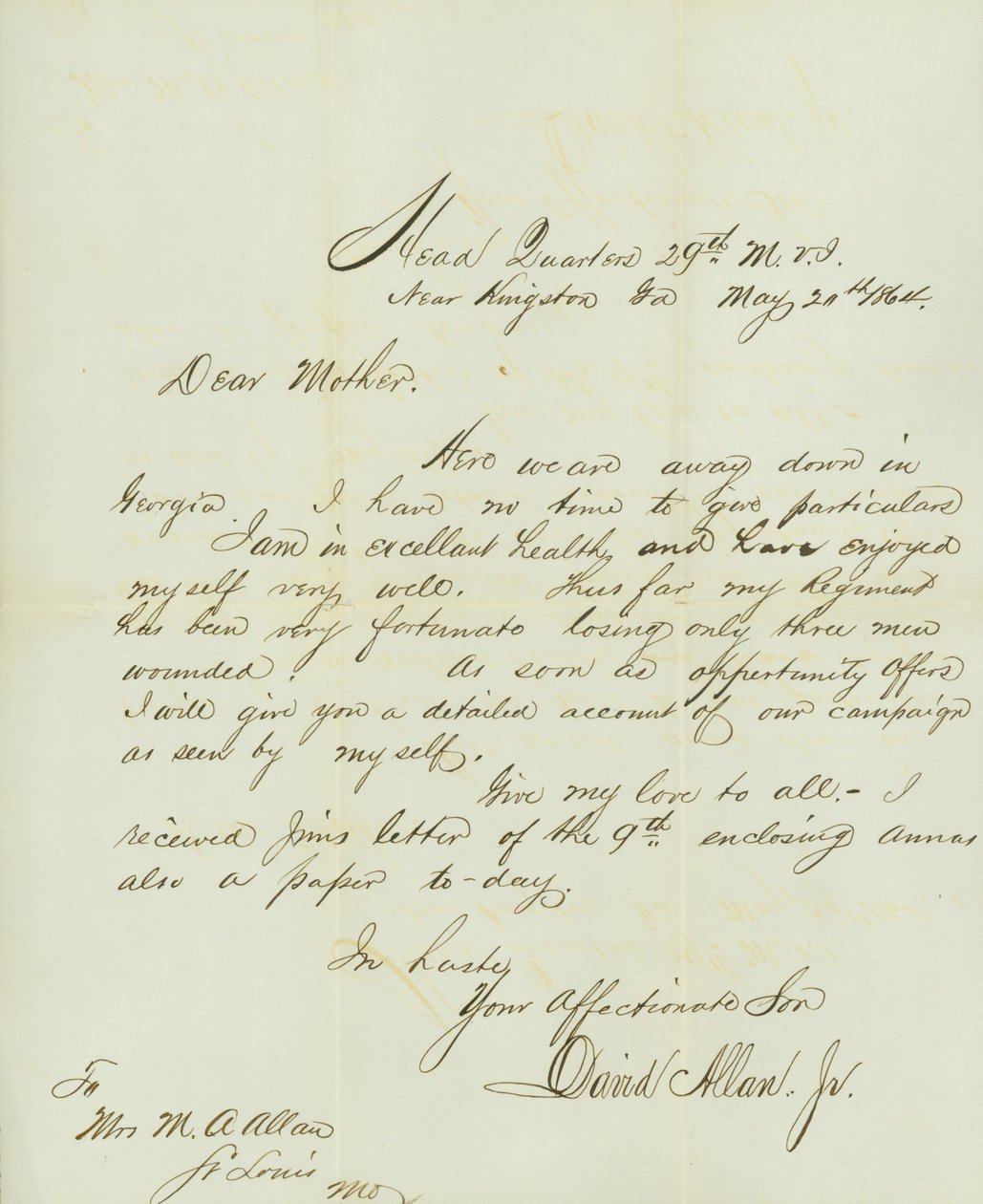 Kingston, Ga. yakınlarındaki Head Quarters 29th M.V.I., David Allan, Jr., annesi Bayan M.A. Allan, St. Louis, Mo.