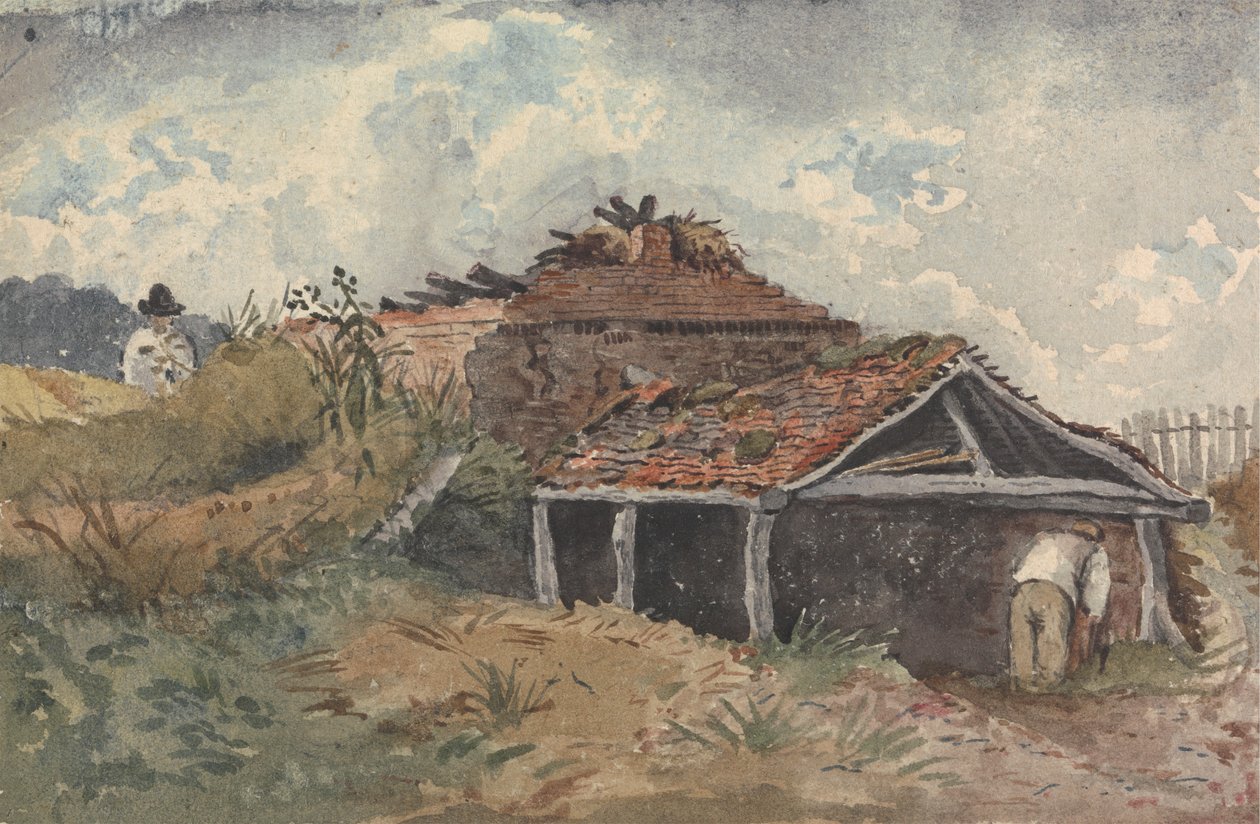 Eski bir binanın yanında iki figürün olduğu manzara by David Charles Read