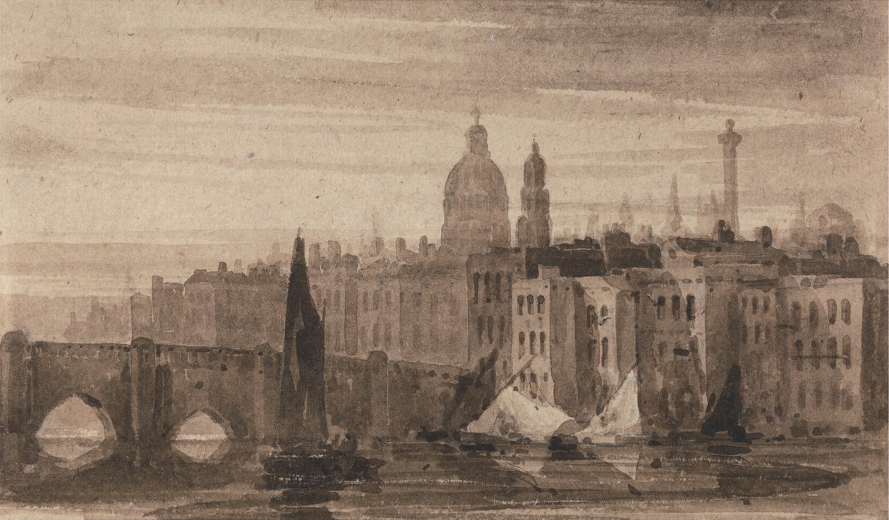 Thames Nehri'nden Eski Londra Köprüsü ve St. Paul Katedrali by David Cox