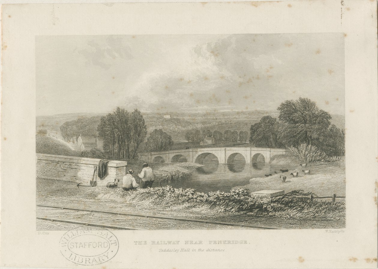 Penkridge Kasabası - Demiryolu ve Boğa Köprüsü: çelik gravür, nd [c 1839] by David Cox