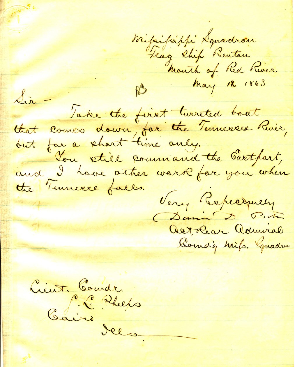 David D. Porter, USS Benton, Red River ağzından Seth Ledyard Phelps, Kahire, Illinois'e mektup, 12 Mayıs 1863 by David D. Porter