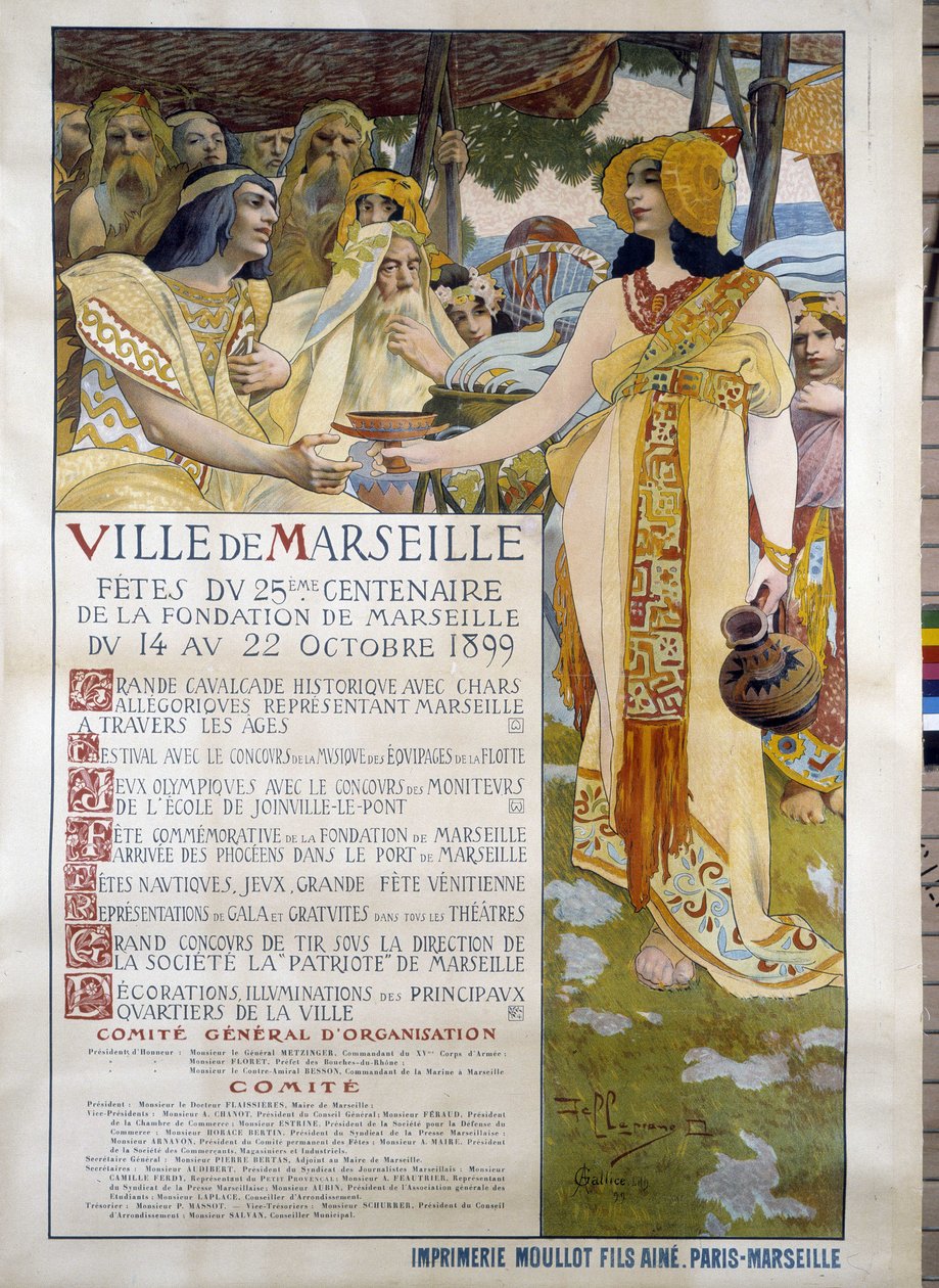 David Dellepiane (1866-1932) tarafından 14-22/10/1899 tarihleri arasında Marsilya şehrinin kuruluşunun 25. yüzüncü yıl kutlamaları için poster. Musee d