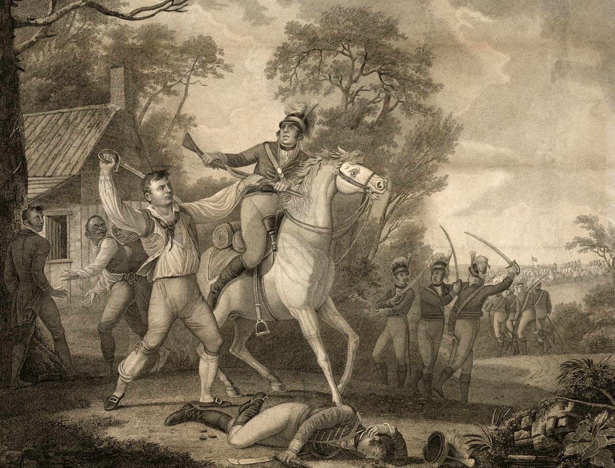 Peter Franciscos Gallant Action Nine of Tarletons Süvarileri ile Dört Yüz Adam Birliklerinin görüş alanında, pub. 1814 by David Edwin
