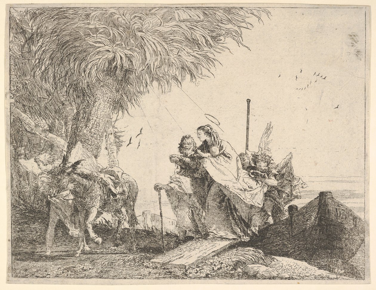 Meryem, Yusuf ve bir meleğin yardımıyla, bir tekneden kıyıya adım atıyor, bir melek duruyor ..., 1753. by David Giovanni