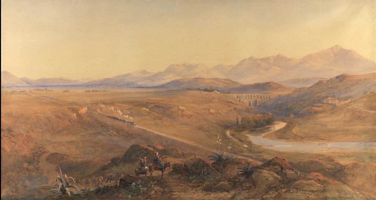 Osmanlı Demiryolunda Bir Buharlı Tren, 1859 (gövde ve gövde rengiyle yükseltilmiş kurşun kalem) by David Hall McKewan