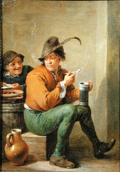 Bir Taştan Sürahi ve Kil Boru tutan bir Köylü (panelde yağ) by David III Teniers