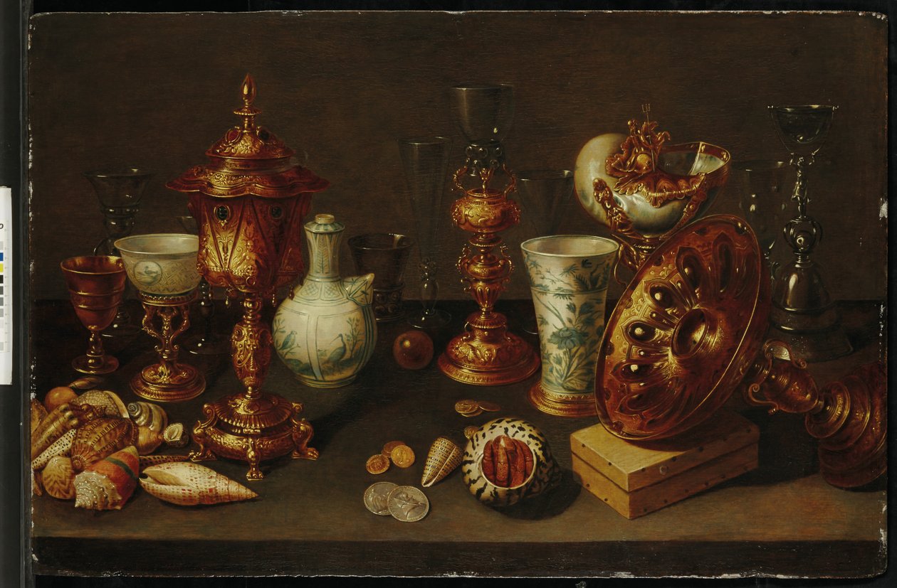 Nautilus, vazolar, bardaklar ve mercan dalları ile kabuklu natürmort by David II Ryckaert