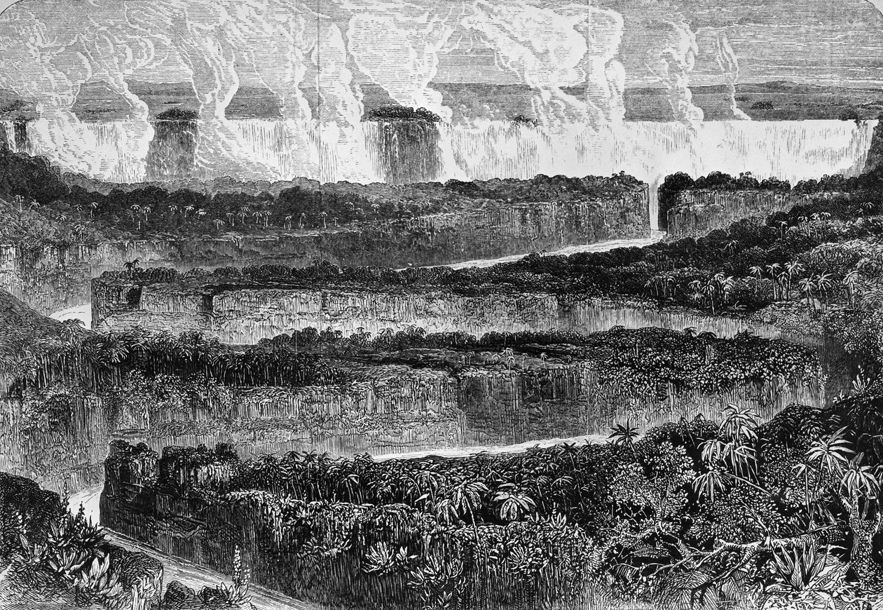 Mosi-oa-Tuny veya Victoria Şelaleleri, Zambiya olarak bilinen Zambezi'nin büyük kataraktlarının görünümü, Narrative of Expedition to Zambezi and onun kollarına ait gravür, David Livingstone (1813-1873) ve Charles Livingstone (1821-1873), Londra by David Livingstone