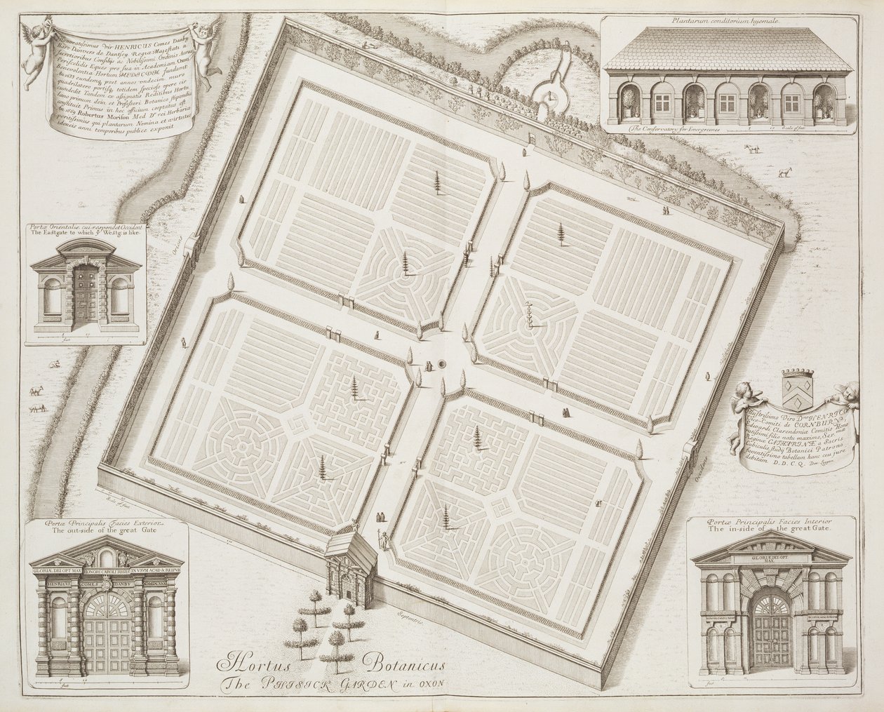 Hortus Botanicus, The Physick Garden, Oxon, 'Oxonia Illustrata'dan, 1675'te yayınlandı by David Loggan