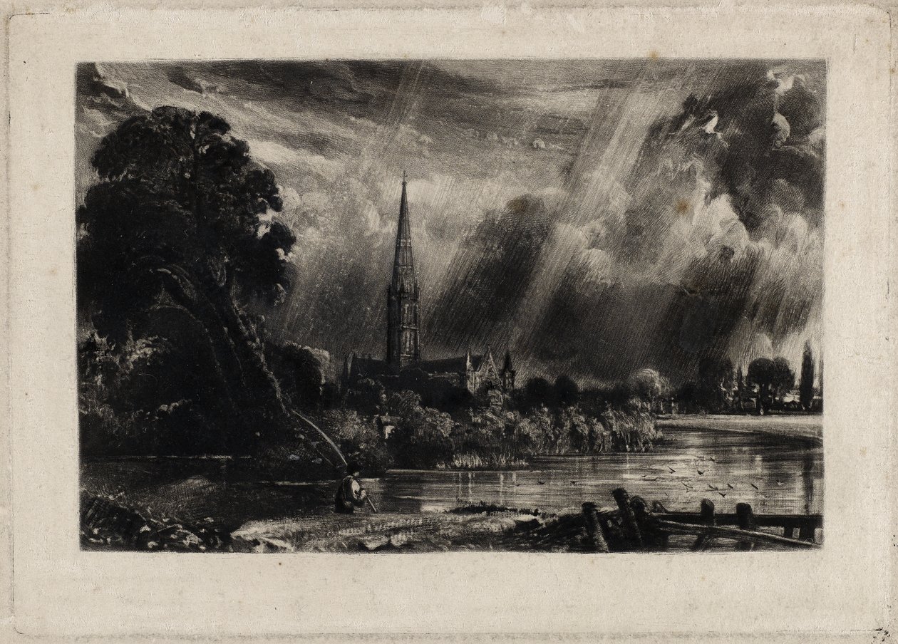 Salisbury Katedrali, 1832 dolayları (döşemiş kağıt üzerine beyaz tebeşirle mezzotint) by David Lucas