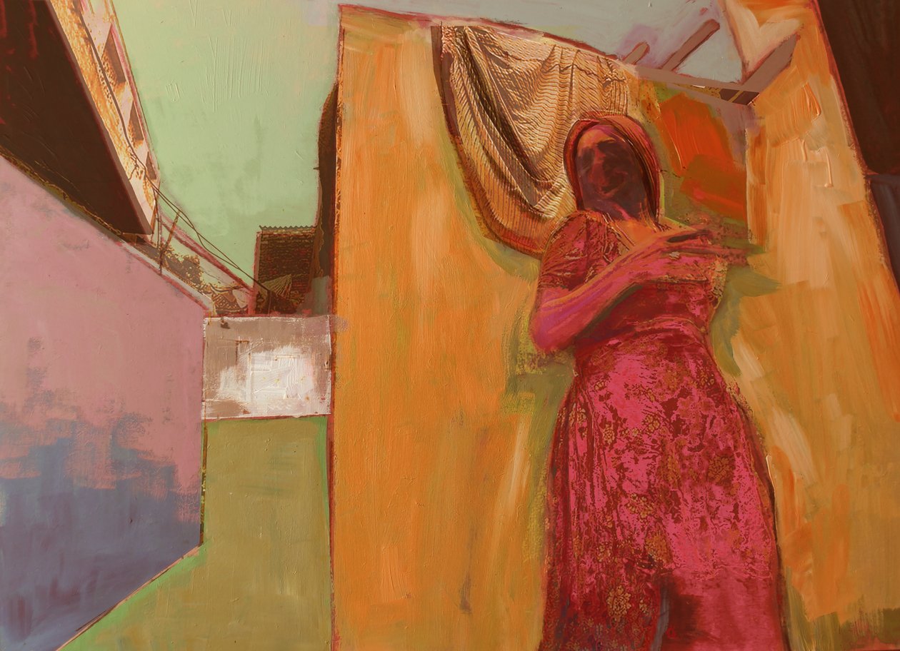 Pembe Elbiseli Kadın, 2016, Ahşap Panel Üzerine Karışık Teknik by David McConochie