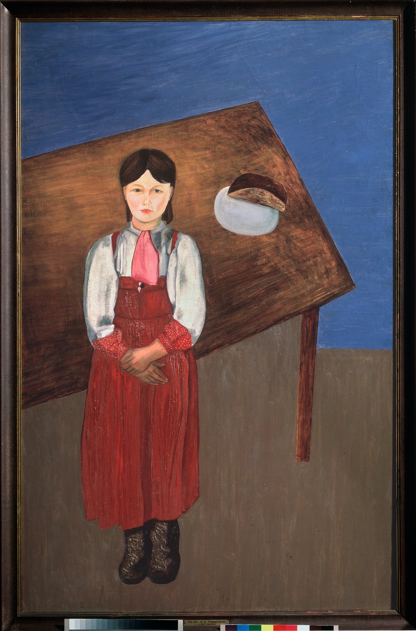 Aniska. (masanın önünde melankolik küçük bir kızın portresi). David Petrovich Sterenberg'in (1881-1948) tablosu, tuval üzerine yağlı boya by David Petrovich Sterenberg