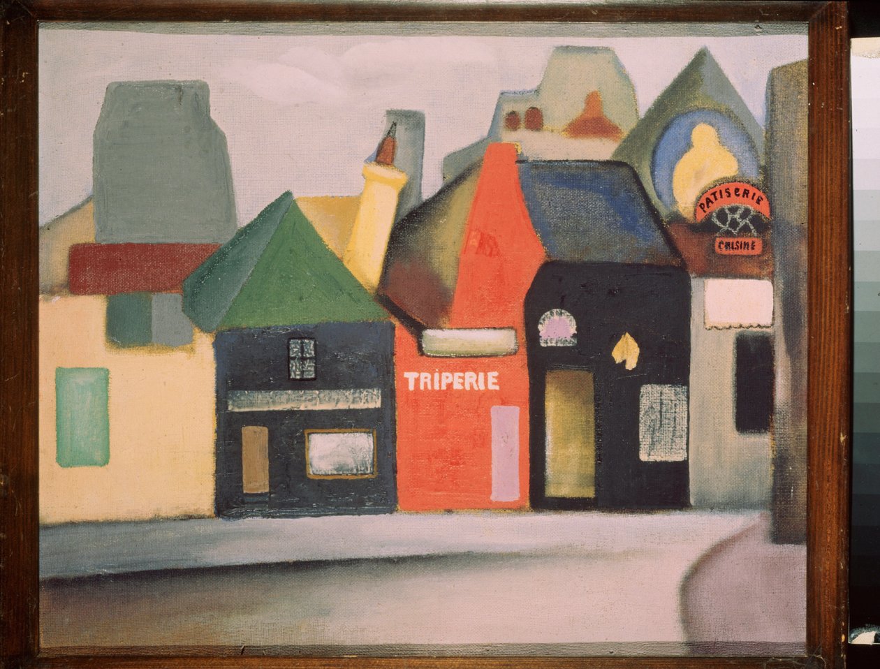 Manzara (bir Fransız köyünde işkembe dükkânı ve pastane bulunan bir sokak). Tablo, David Petrovich Sterenberg (1881-1948), tuval üzerine yağlı boya by David Petrovich Sterenberg