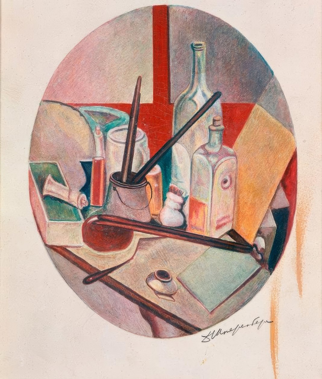 Şişe ve boyama aletleri ile oval natürmort by David Petrowitsch Sterenberg