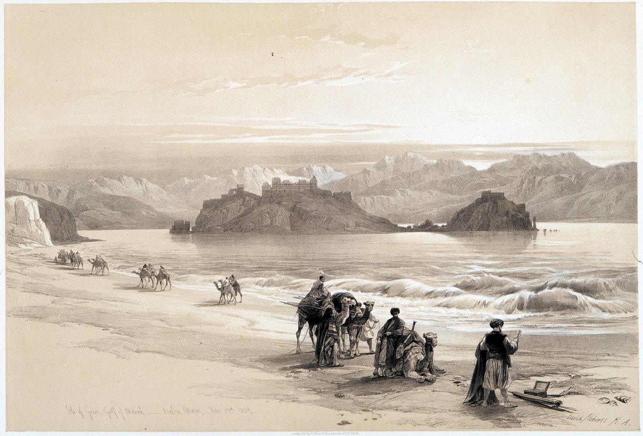 Graia Adası, Akabah Körfezi (Akaba veya Akabe), çizim 27/02/1839, “The Holy Land””, Londra 1849 by David Roberts
