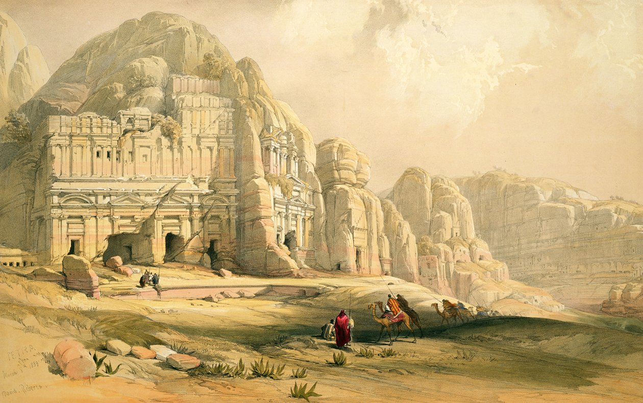 Petra, 8 Mart 1839, Louis Haghe (1806-85) pub tarafından oyulmuş 'Kutsal Topraklar'ın III. Cildinden 96 numaralı levha. 1849 by David Roberts