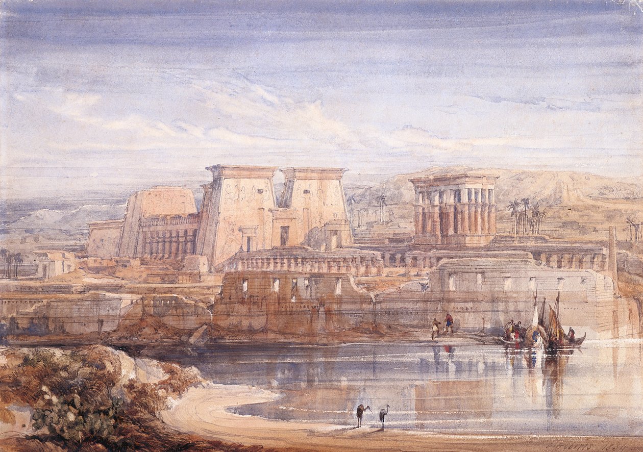 Philae: Güneyden Tapınaklara Bir Bakış (beyaz kağıt üzerine suluboya ve guaj) by David Roberts