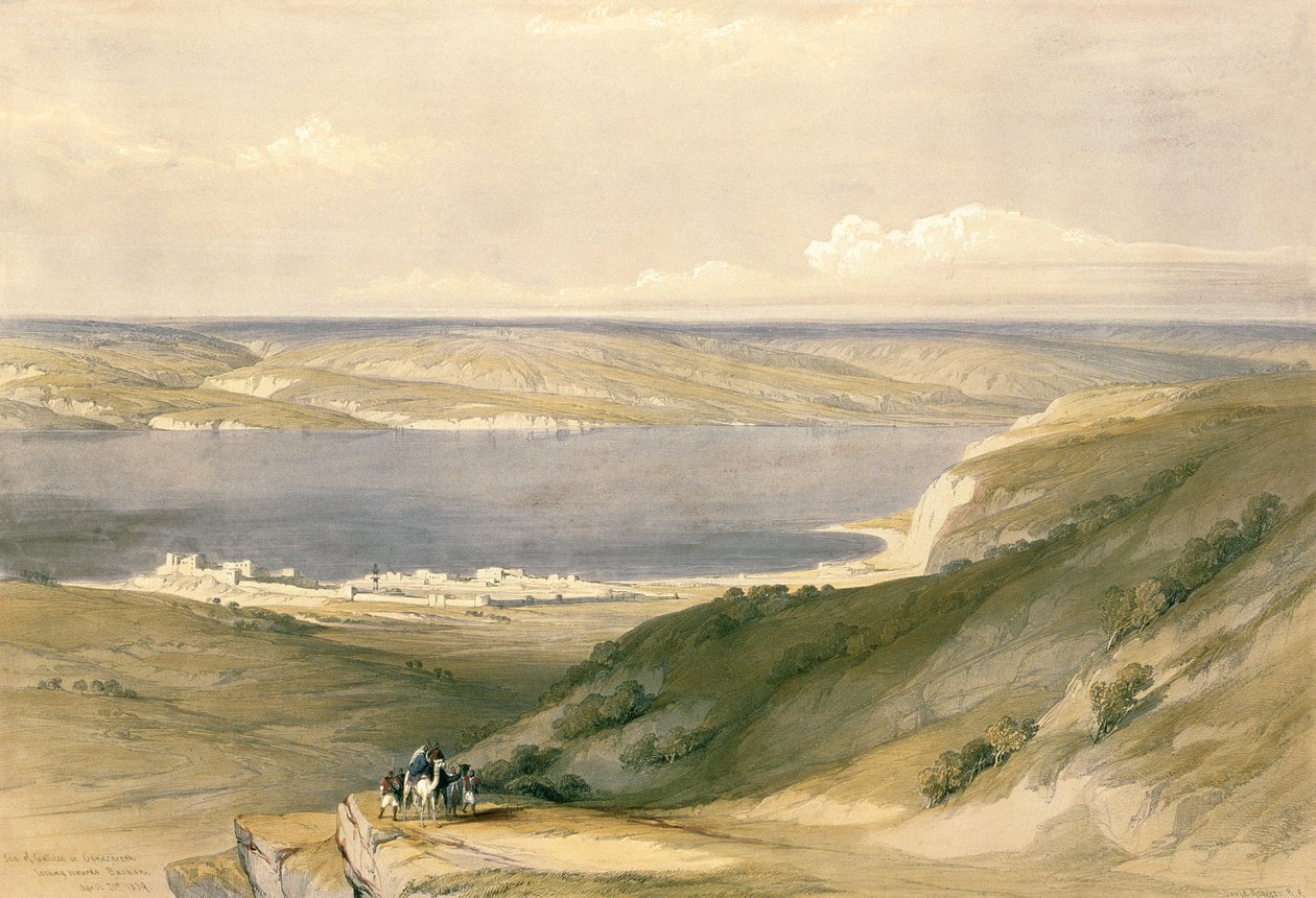 Celile Denizi veya Genezareth, Başan'a bakıyor, 21 Nisan 1839, Louis Haghe (1806-85) pub tarafından oyulmuş 'Kutsal Topraklar'ın I. Cildinden levha 36. 1842 by David Roberts