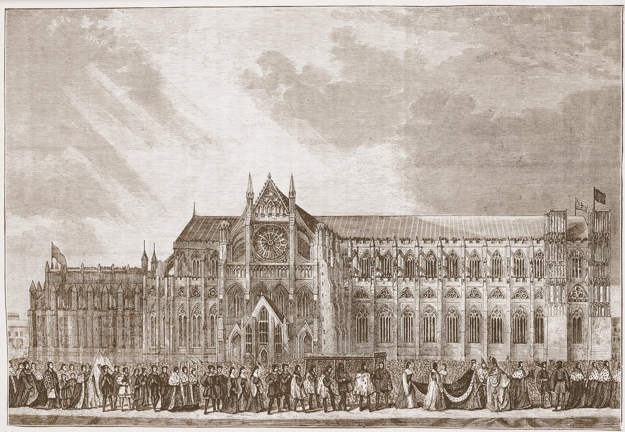 Anne Boleyn'in Westminster Abbey'e Giydiği Taç Giyme Töreni, James Aitken Wylie'nin (1808-1890) 'Protestanlığın Tarihi'nden bir çizim, pub. 1878 by David Roberts