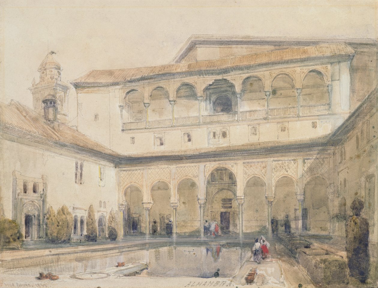 The Court of Myrtles, Alhambra (veya Hall of Myrtles, Alhambra) 1833 (kağıt üzerine kalem ve sulu boya) by David Roberts