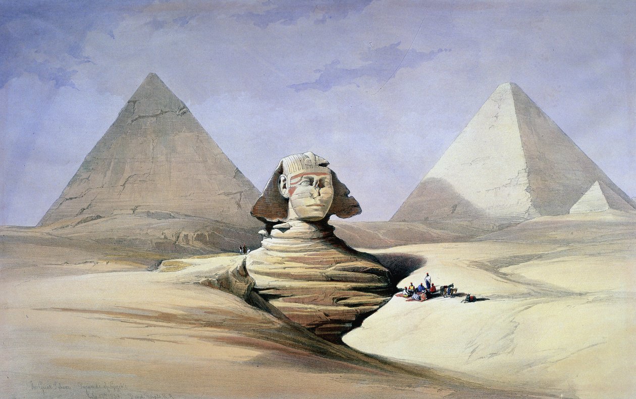 'Gize'deki Büyük Sfenks ve Piramitler' (suluboya) by David Roberts