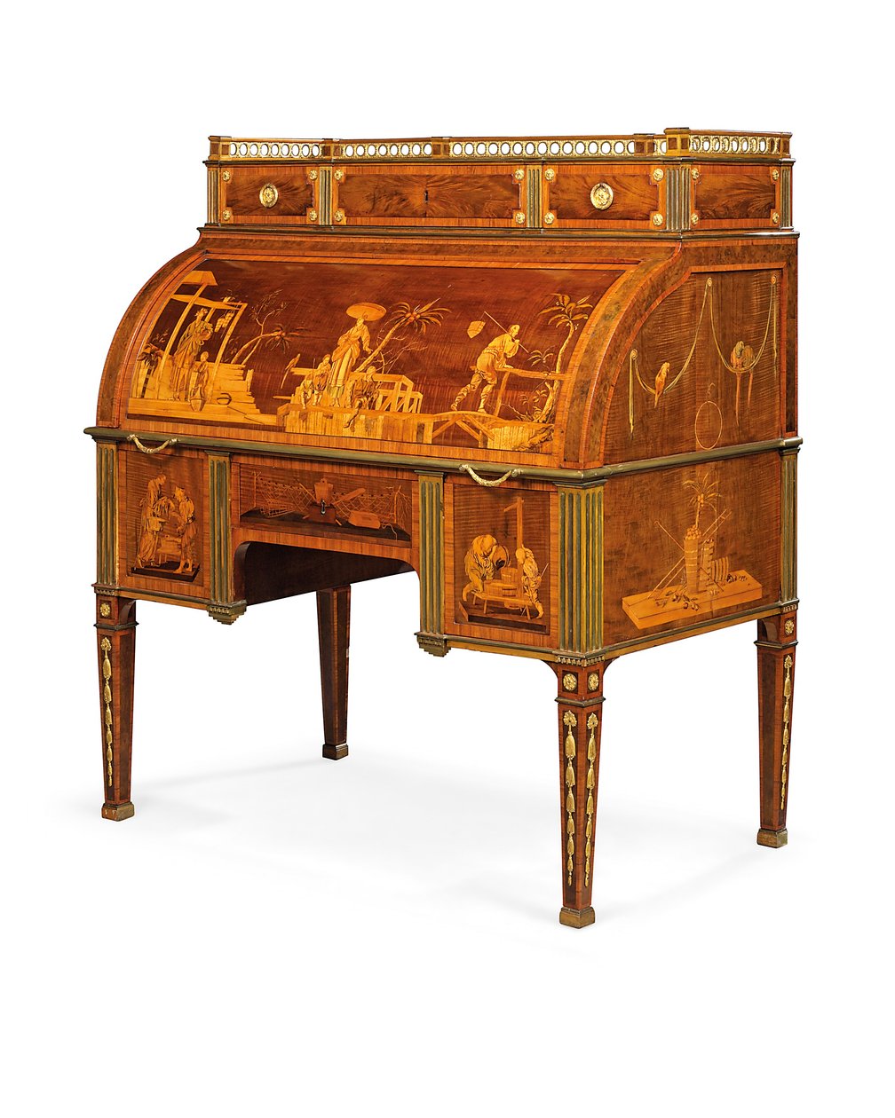 Mekanik silindir bürosu, Neuwied, c.1776-79 (ormolu monte edilmiş ve pirinç işlemeli amboyna, lale ağacı, lekeli çınar ve kakmacılık) by David Roentgen