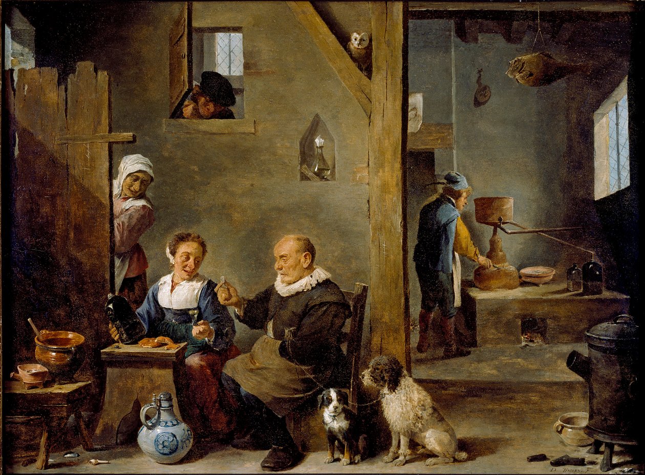 Yaşlı bir Adamın Kadından Cin satın aldığı bir İçki Fabrikası, c1640-1649 by David Teniers II
