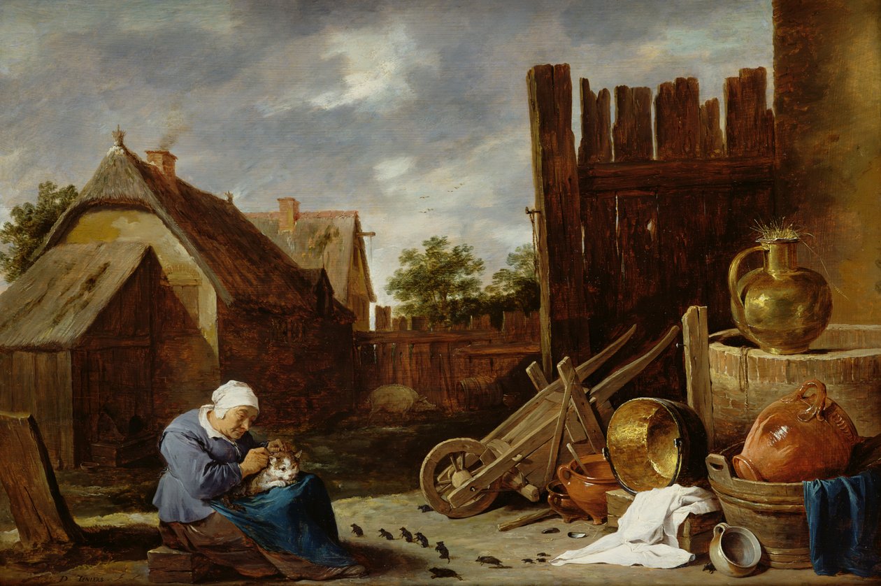 Yaşlı bir kadın tarafından bakılan bir kedi by David Teniers the Younger