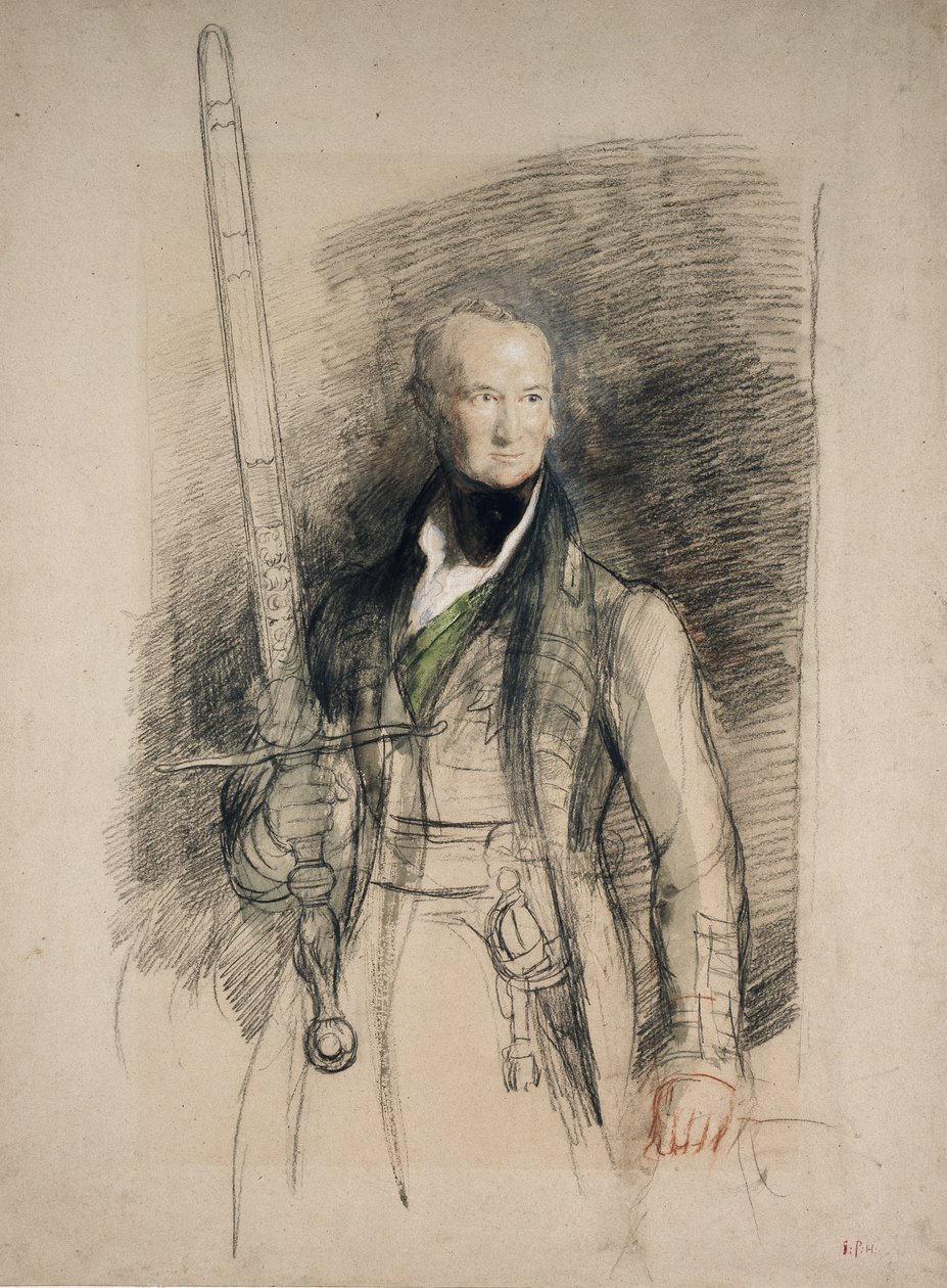 Devlet Kılıcını taşıyan Morton Kontu, 1824 (grimsi kağıt üzerinde wc ve gövde rengi ile siyah ve kırmızı tebeşir) by David Wilkie