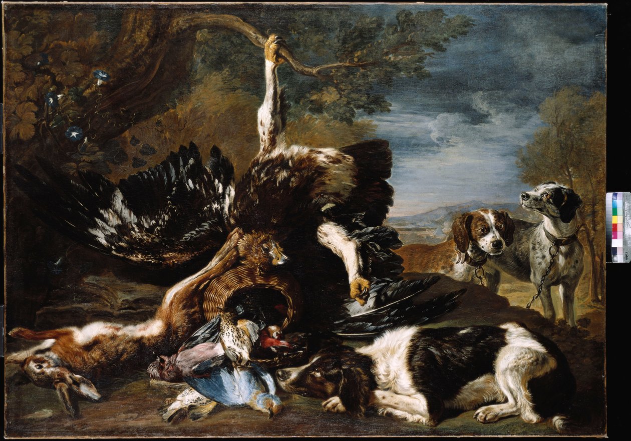 Bir İspanyol, Bir Kartal, Bir Tavşan ve Bir Jay, İspinoz ve İki Tazının Gözden Gördüğü Diğer Kuşlarla Bir Hasır Sepet, Ötesinde Dağlık Bir Manzara by David de Coninck