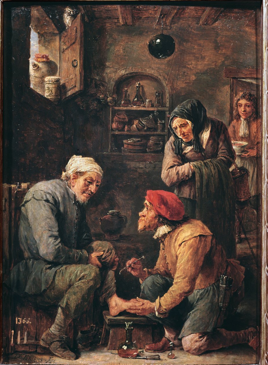 Bir ameliyat operasyonu, hastanın ayağını açmak üzere olan bir hekim (tuval üzerine yağlı boya by David Teniers the Younger
