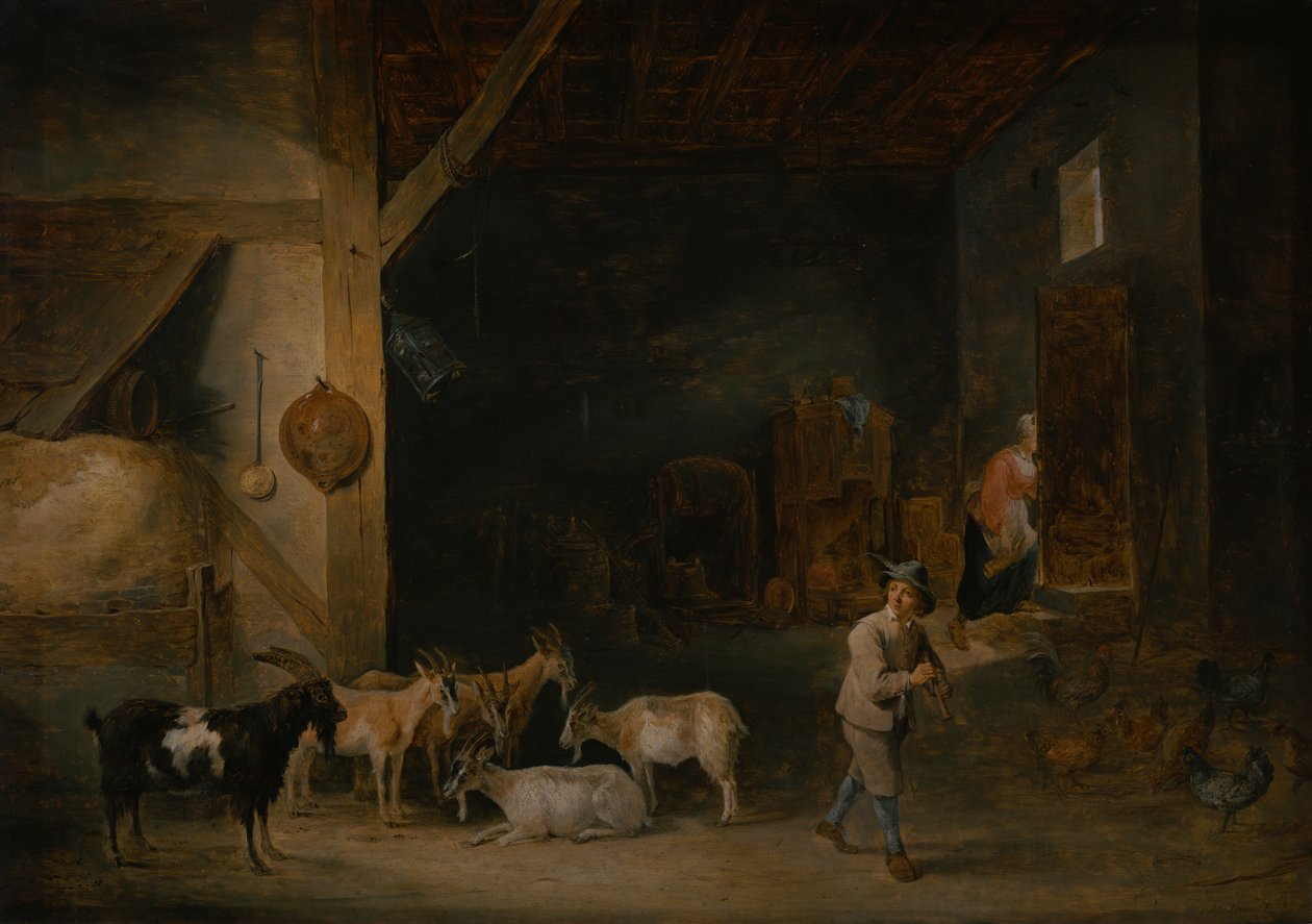 Keçili ahır ve kayıt cihazını çalan bir çocuk, c.1640-45 by David Teniers the Younger