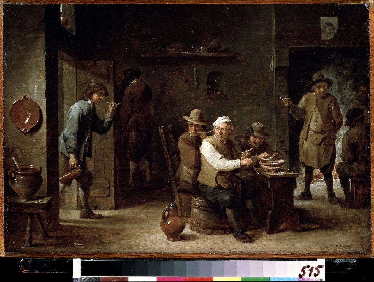 Tavernada. David Tenier the Younger (1610-1690) tarafından yapılan resim. Ahşap üzerine yağlı boya, 36,2 x52.6 cm, 1640 civarı. Flaman okulu, Barok sanatı. Puşkin Güzel Sanatlar Müzesi, Moskova. by David Teniers the Younger