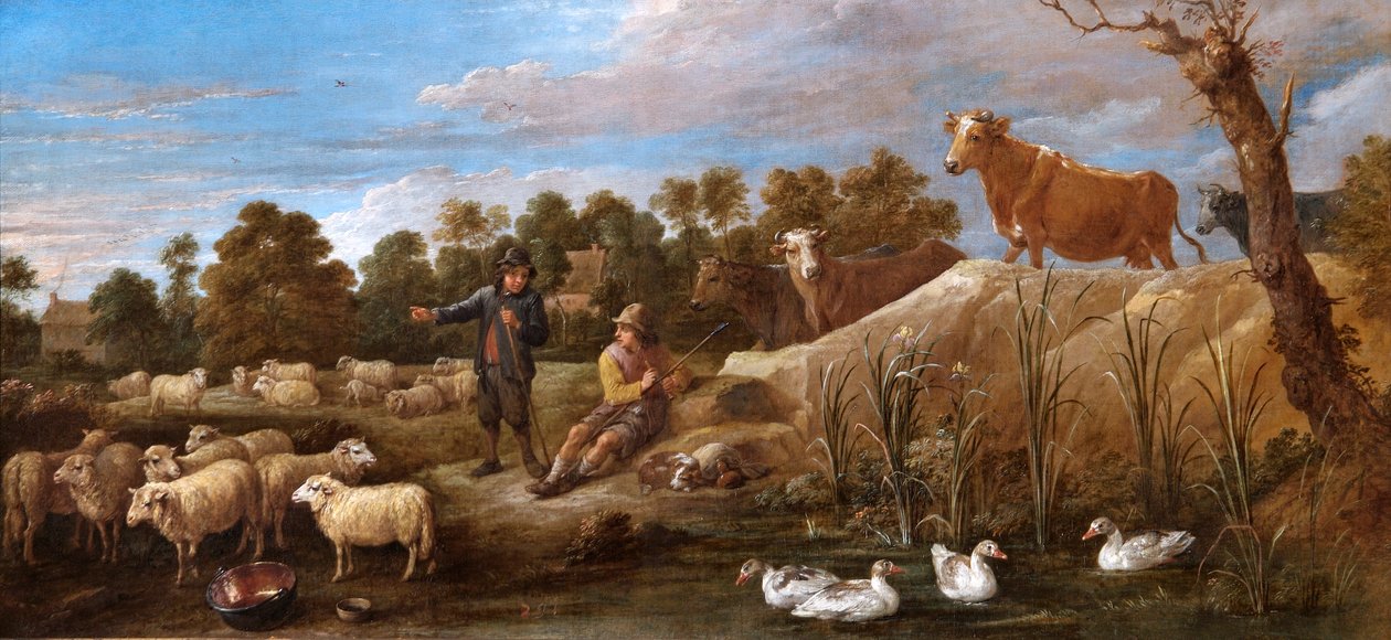 İki Çoban, Sığır ve Ördeklerle Manzara (tuval üzerine yağlı boya) by David Teniers the Younger